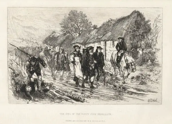 drawing of a man on horseback with soldiers walking along side