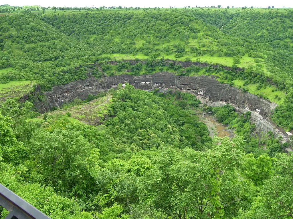 Temples curved into the rock at Ajanta