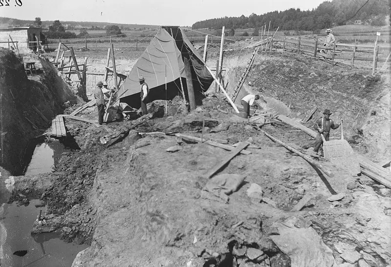 The archaeological excavations of the Oseberg burial mound.