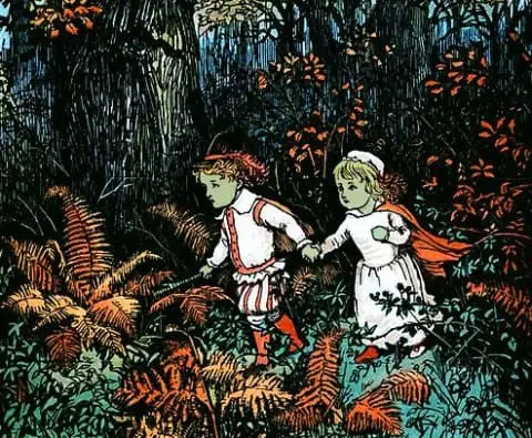 drawing of children walking through a forest 