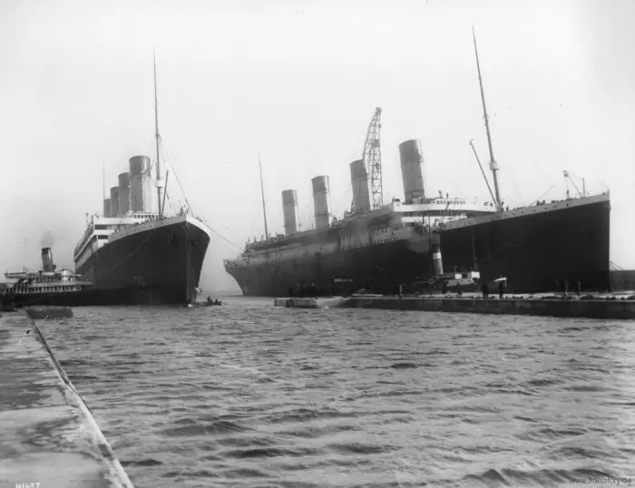 Black and white photograph of the Titanic