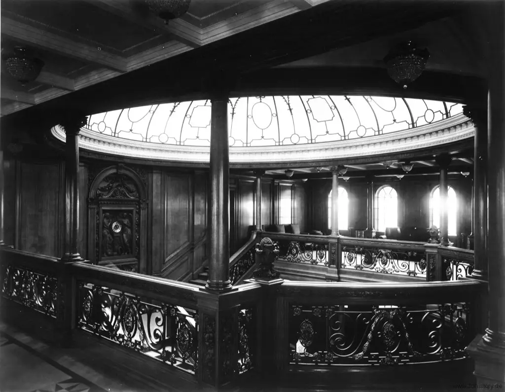 Black and white photograph of the staircase on the Titanic